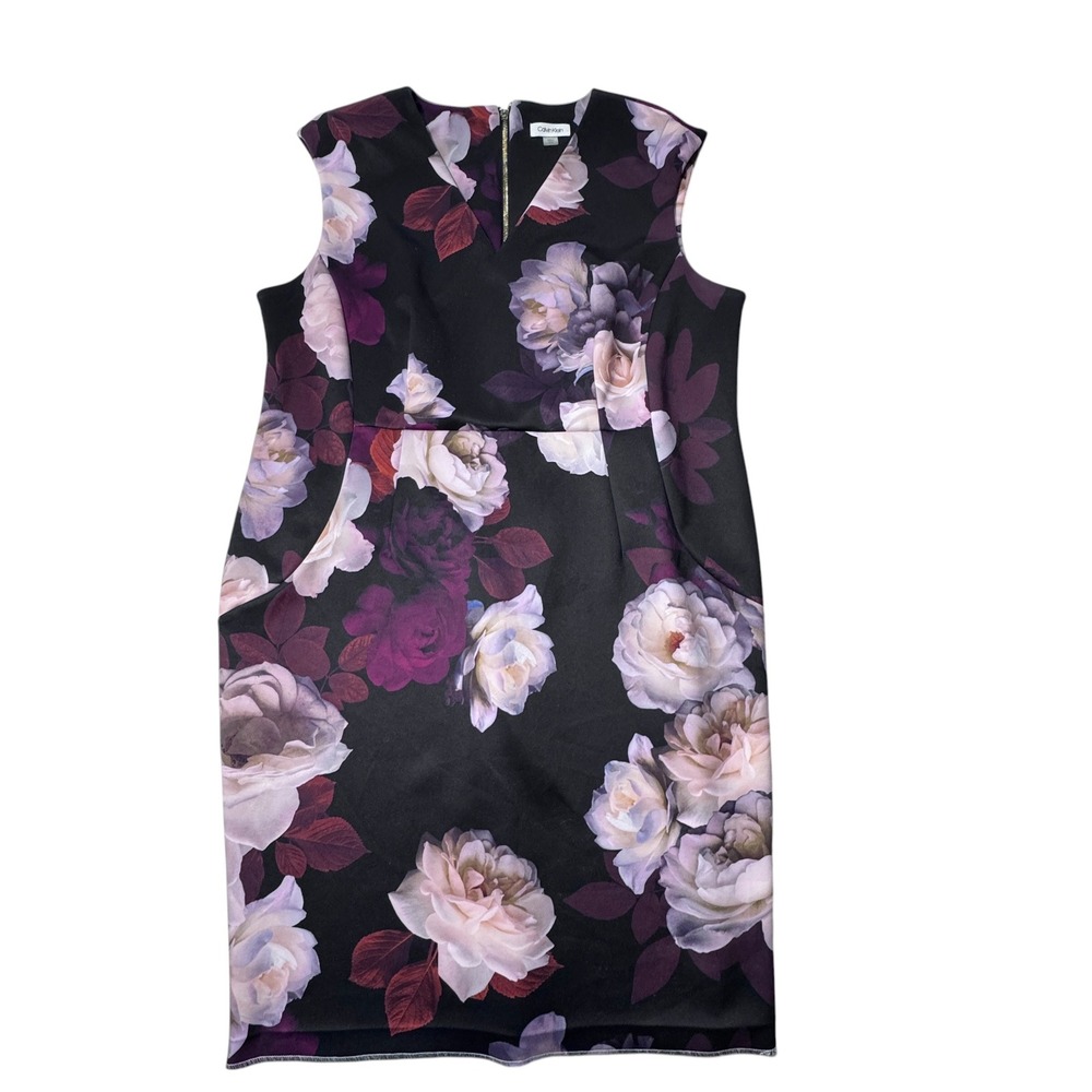 Calvin Klein Sheath Dress Women 20W Black Floral Sleeveless.Romantic Unhemmed